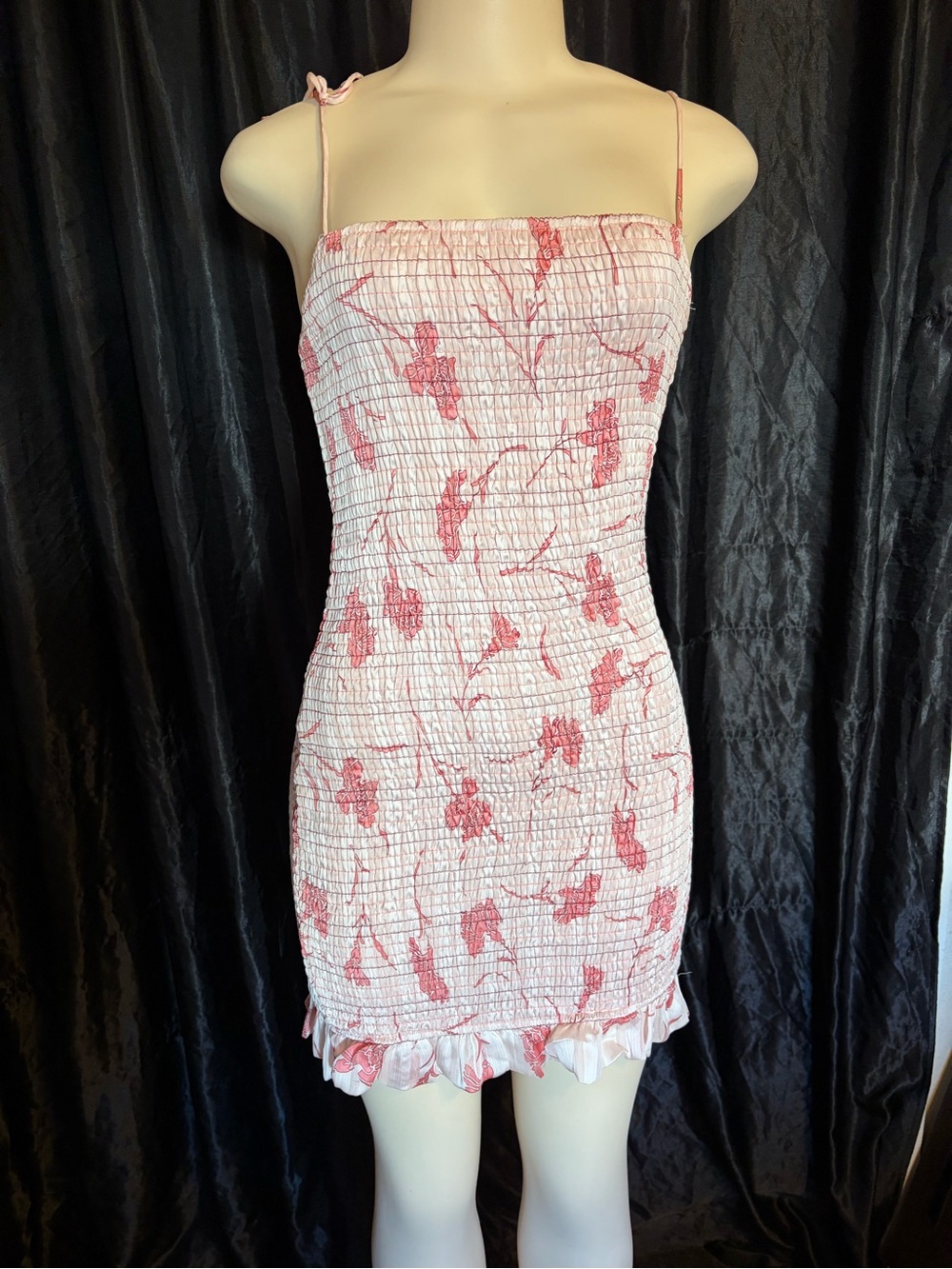 Storia Pink Floral Smocked Mini Dress with Ruffle Hem